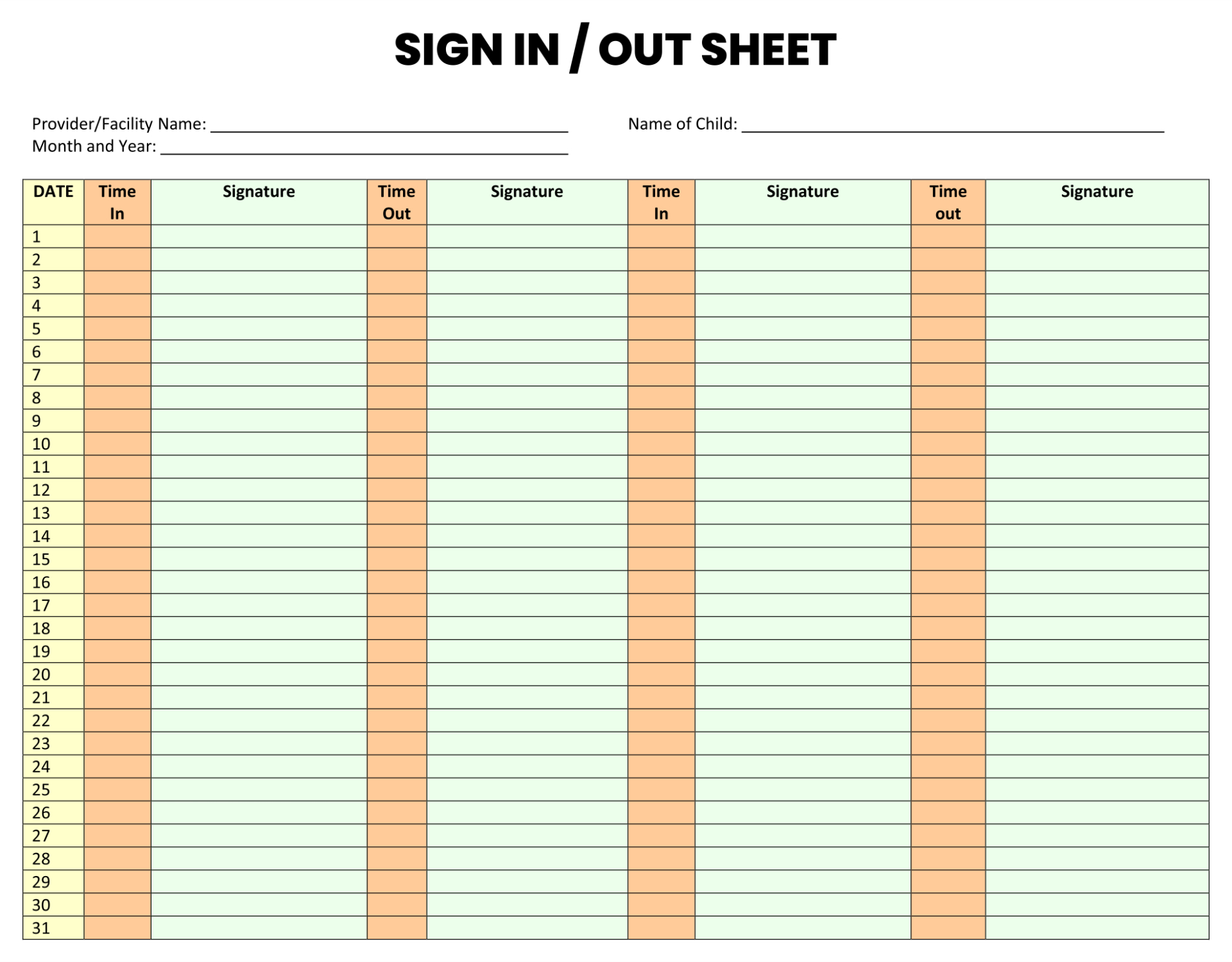 Editable Restroom Sign Out Sheet Template Doc