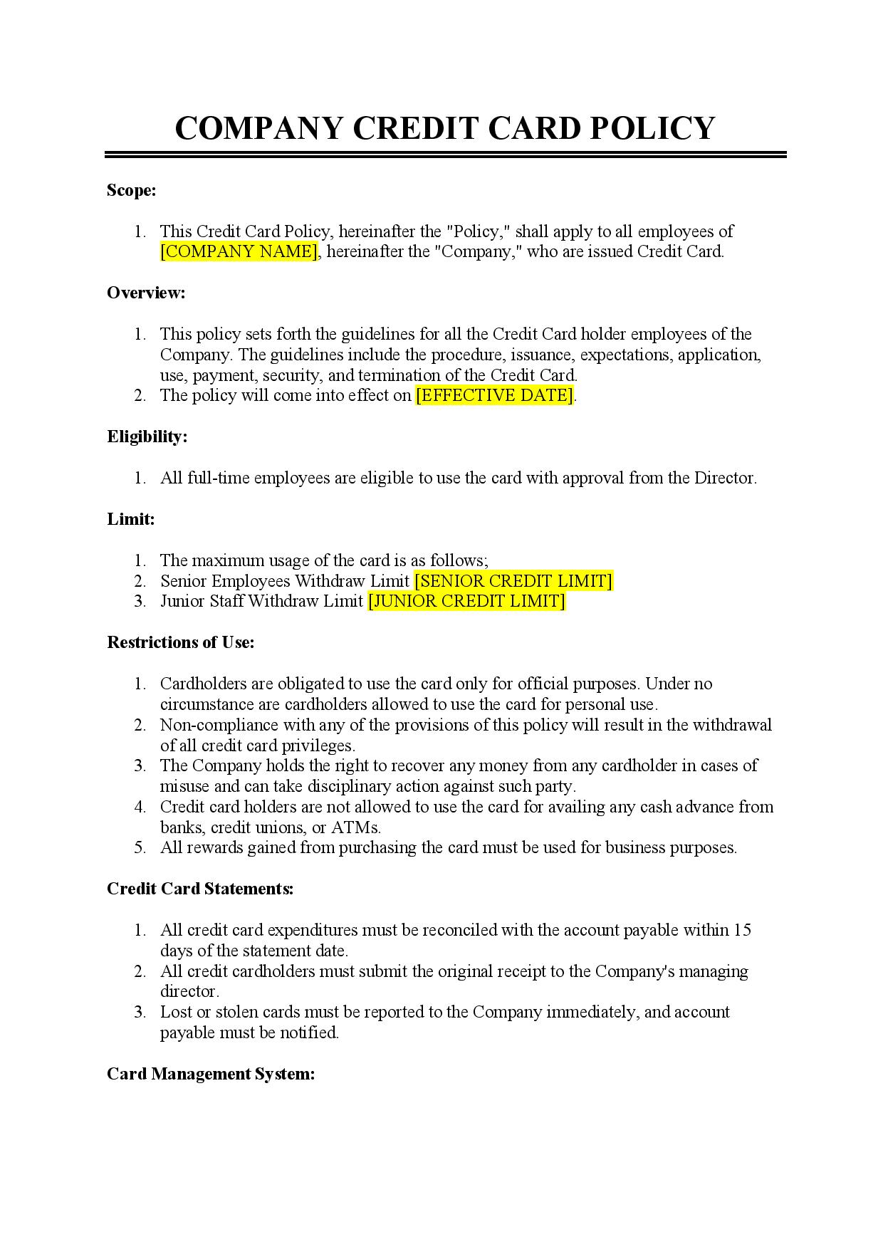 Credit Card Disclaimer Template