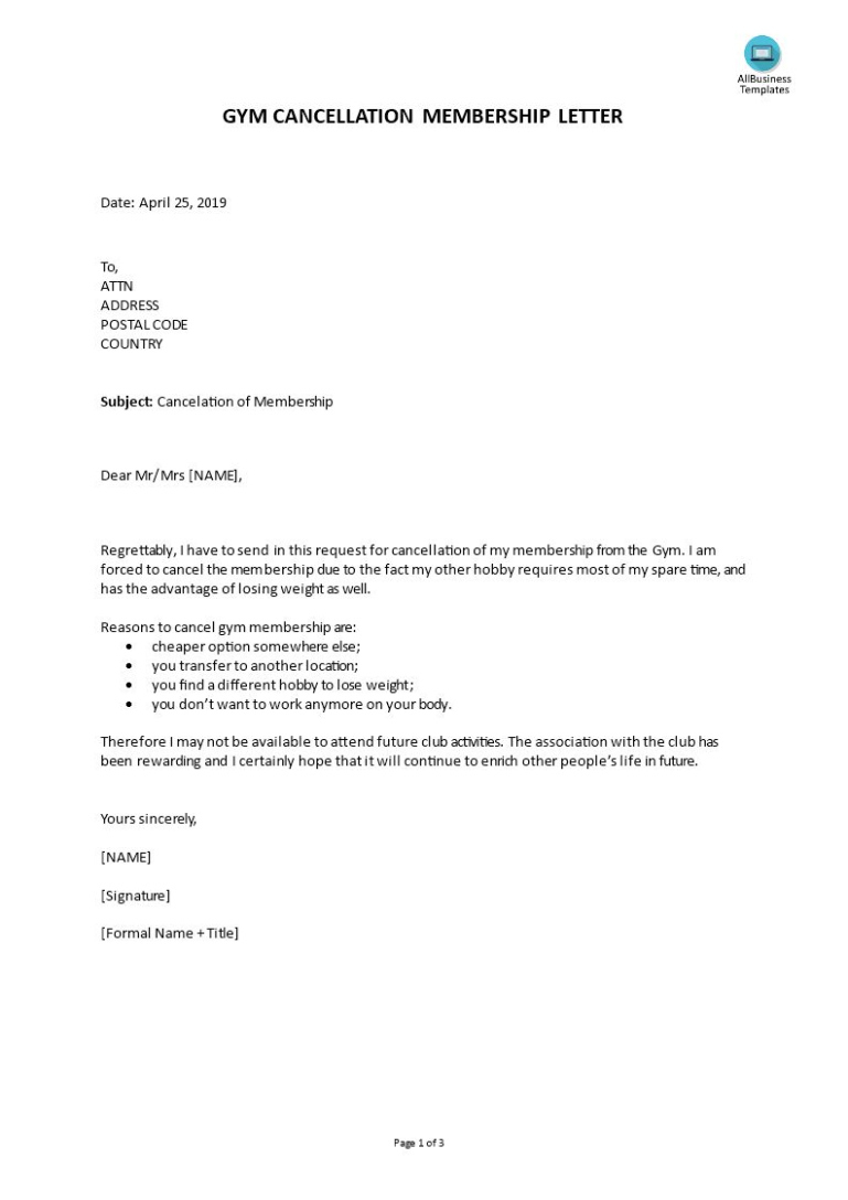 Blank Cancellation Of Gym Membership Letter Template Example