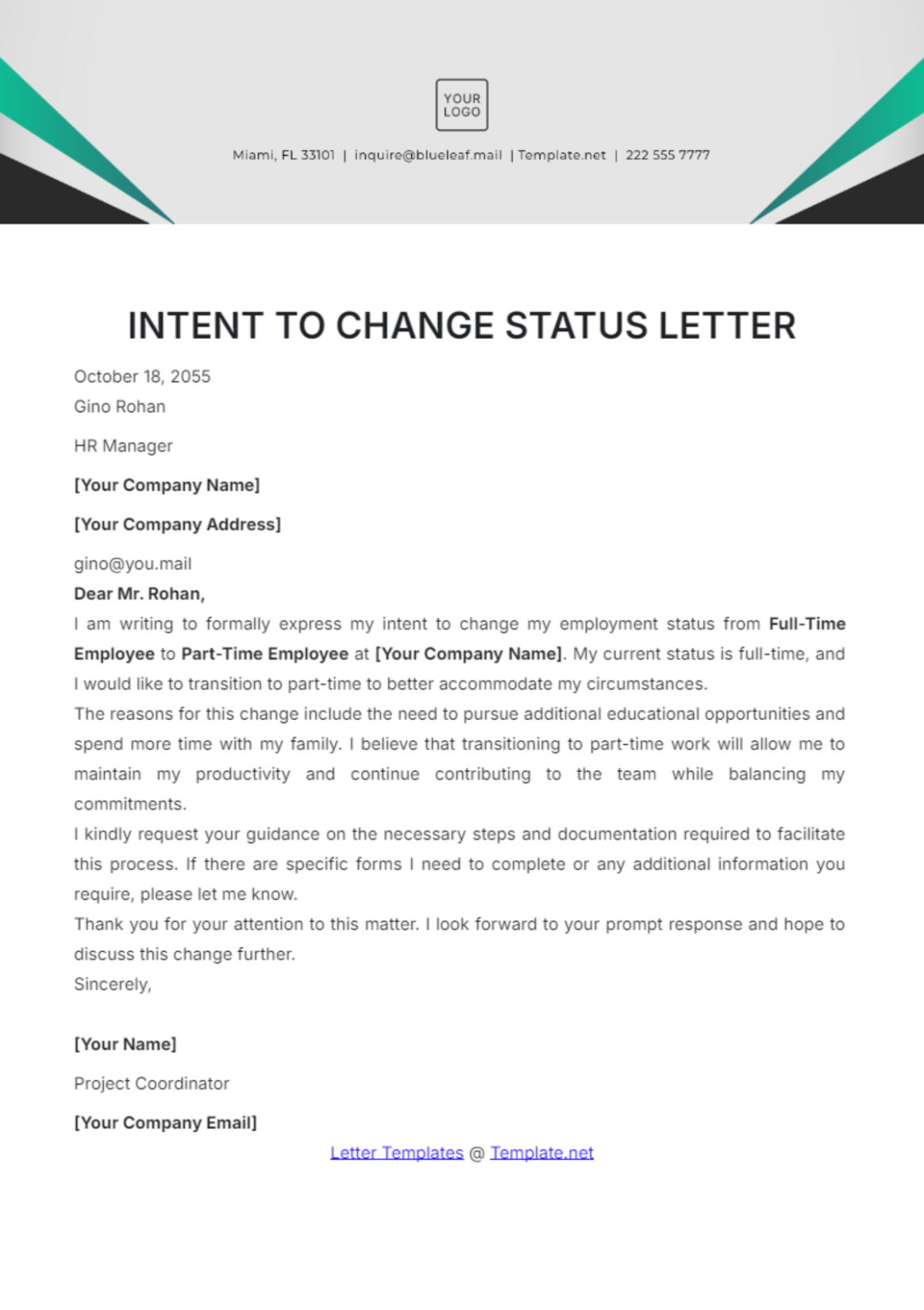 Blank Change Of Employment Status Letter Template Pdf