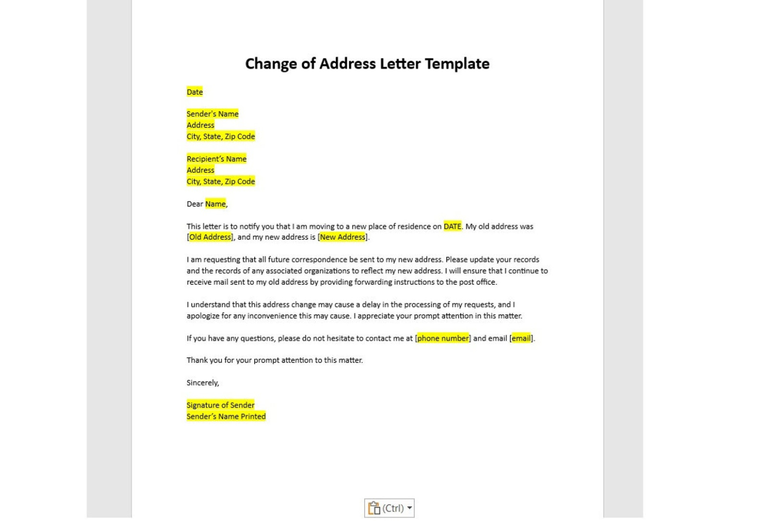 Free Blank Change Of Address Letter Template