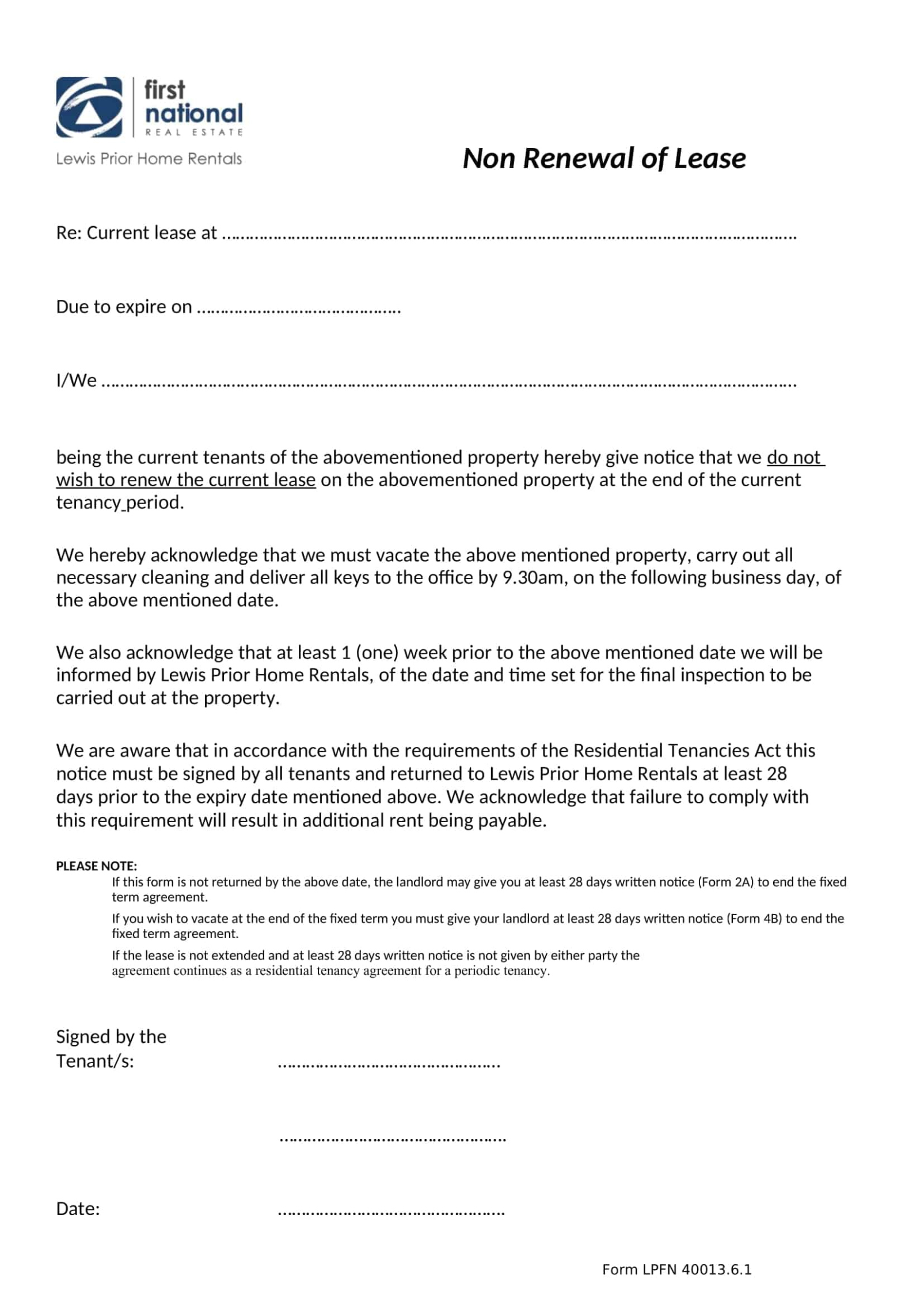 Free Blank Not Renewing Lease Letter Template