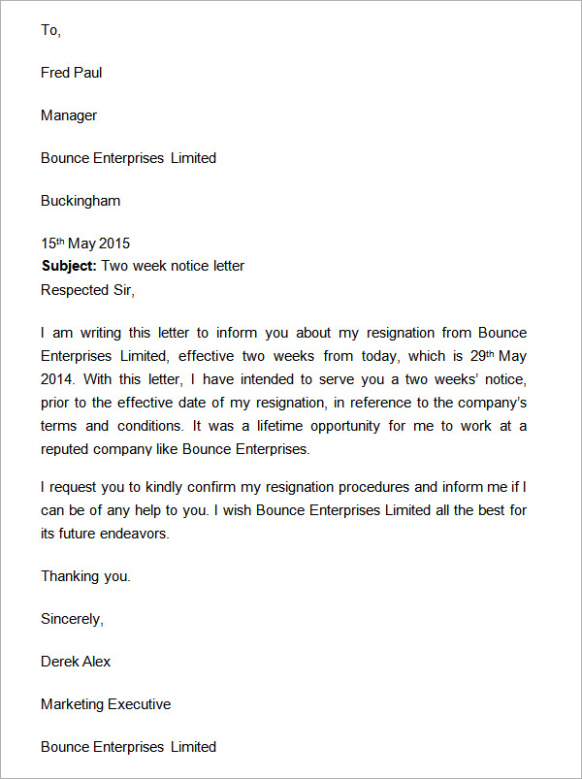 Free Printable 2 Week Resignation Letter Template Doc
