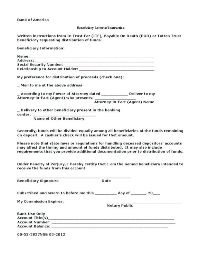 Free Printable Beneficiary Letter Of Instruction Template Doc