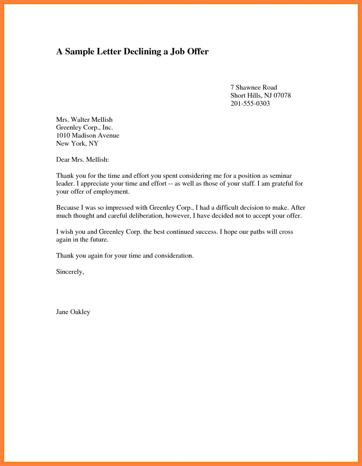 Free Printable Decline Job Offer Letter Template Pdf