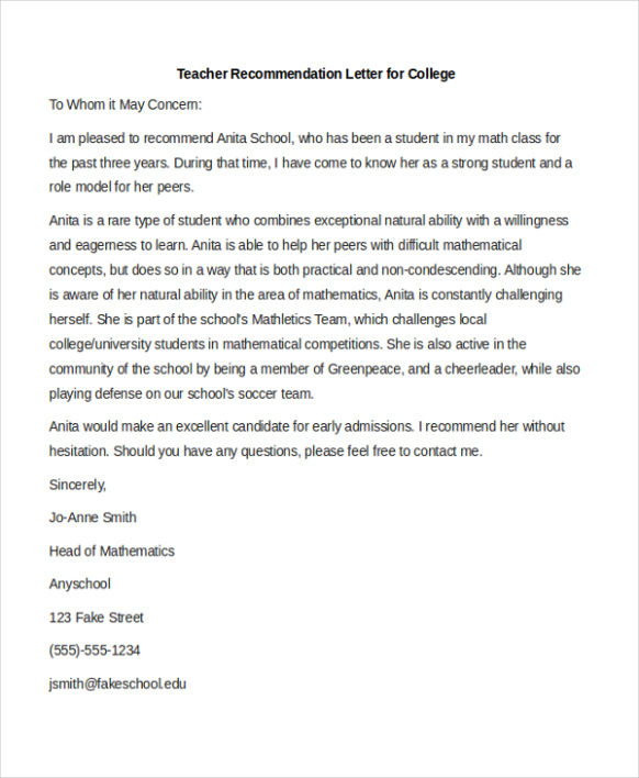 Free Printable Student Teacher Reference Letter Template Sample