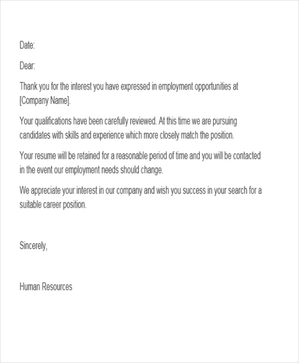 Free Sample Rejection Letter After Interview Template Word