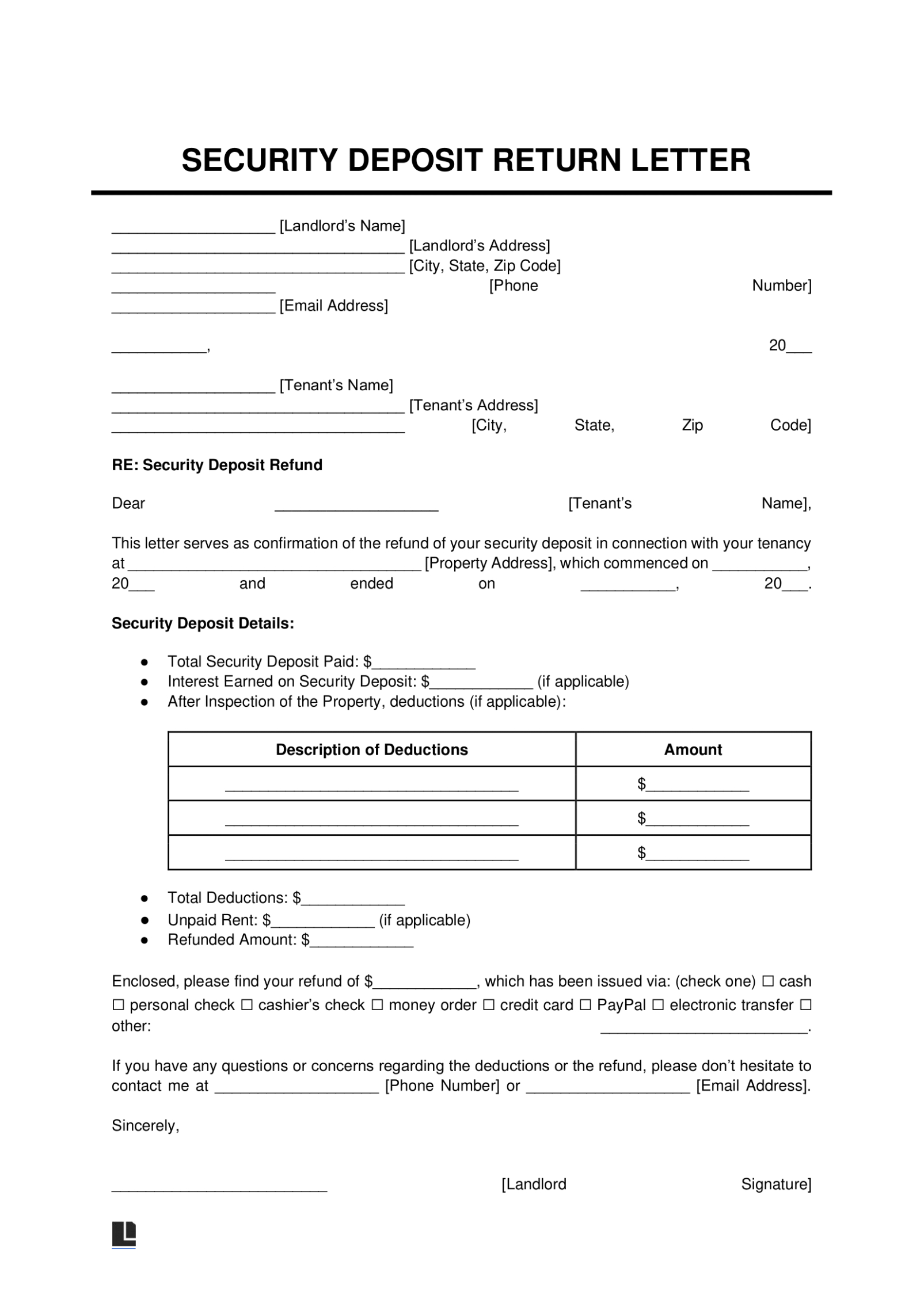 Free Sample Security Deposit Return Letter Template Pdf