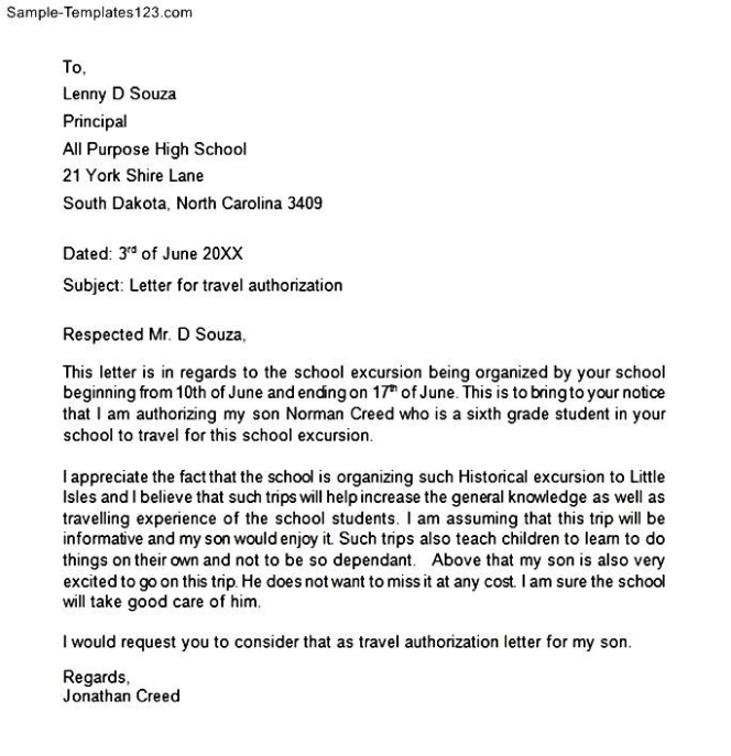 Free Sample Travel Permission Letter For Minor Template Sample