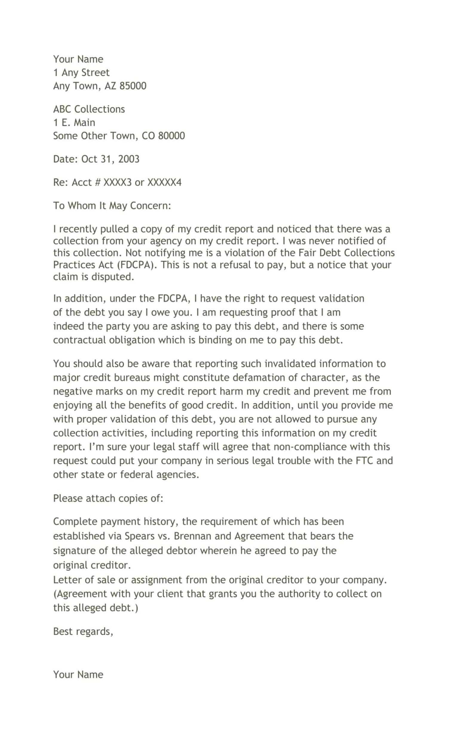 Free Sample Validation Letter To Debt Collector Template Example