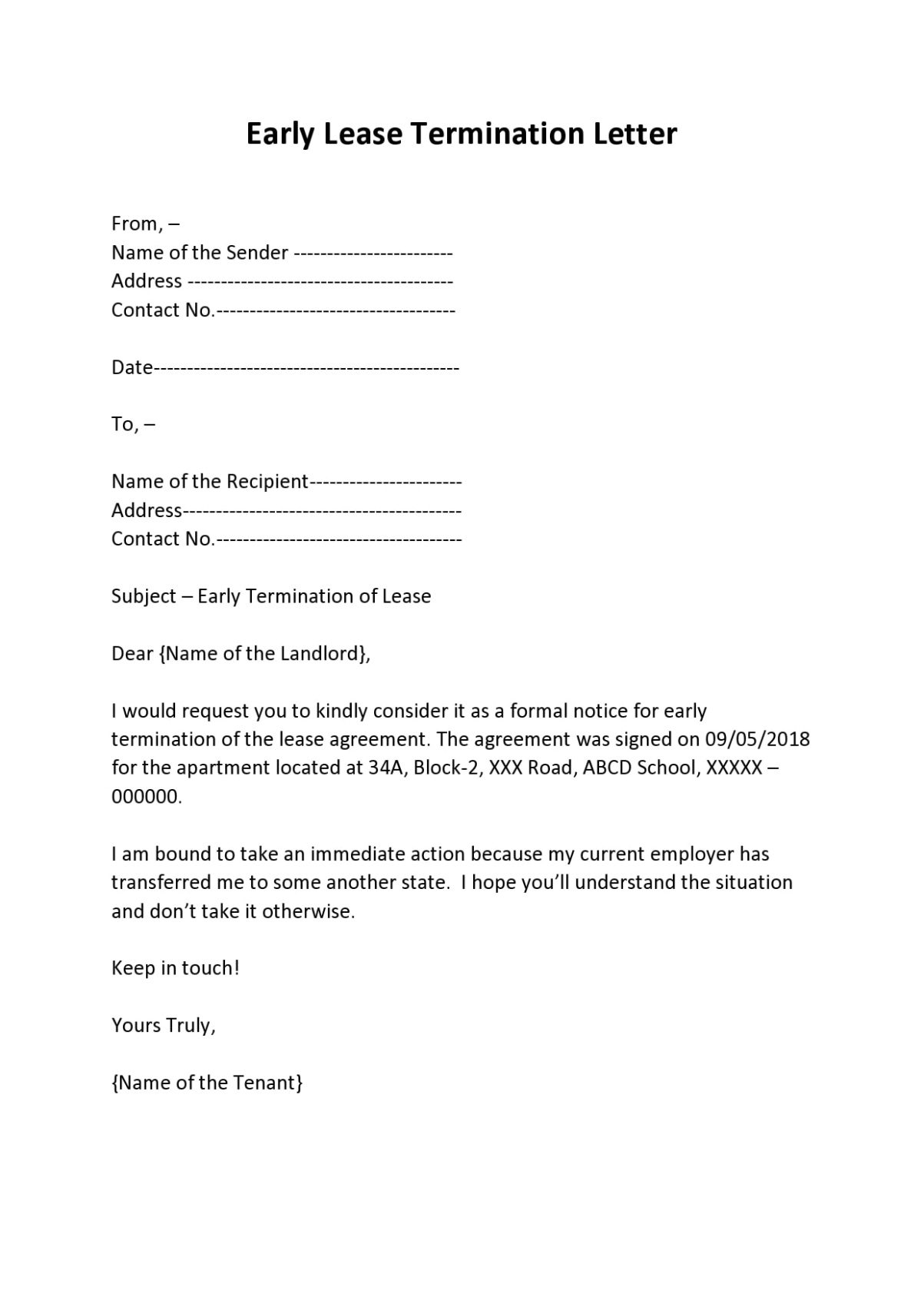 Printable Apartment Lease Termination Letter Template Excel