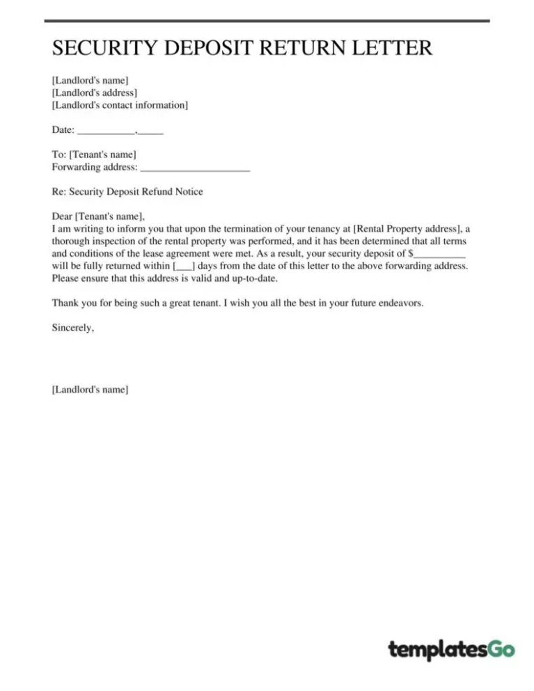 Printable Security Deposit Return Letter Template Pdf