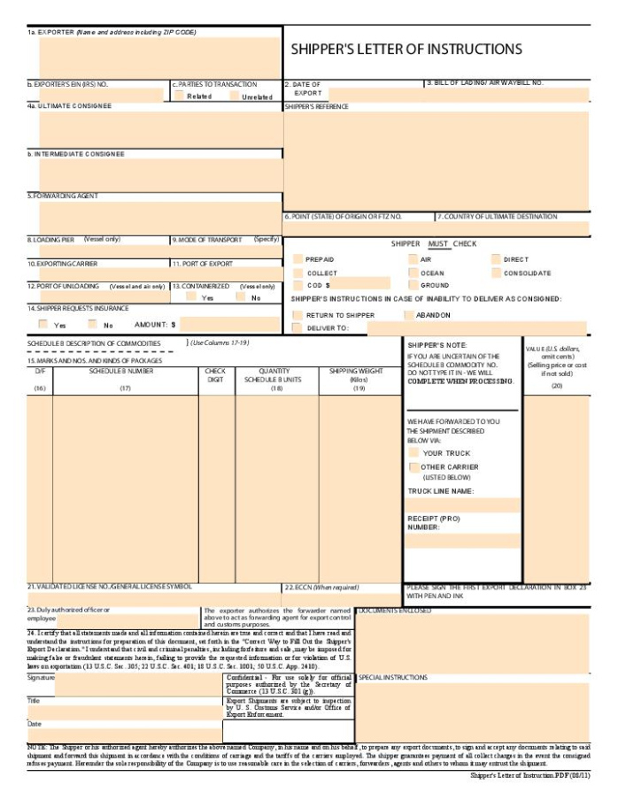 Printable Shipper Letter Of Instruction Template Example