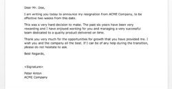 Sample 2 Week Resignation Letter Template Example