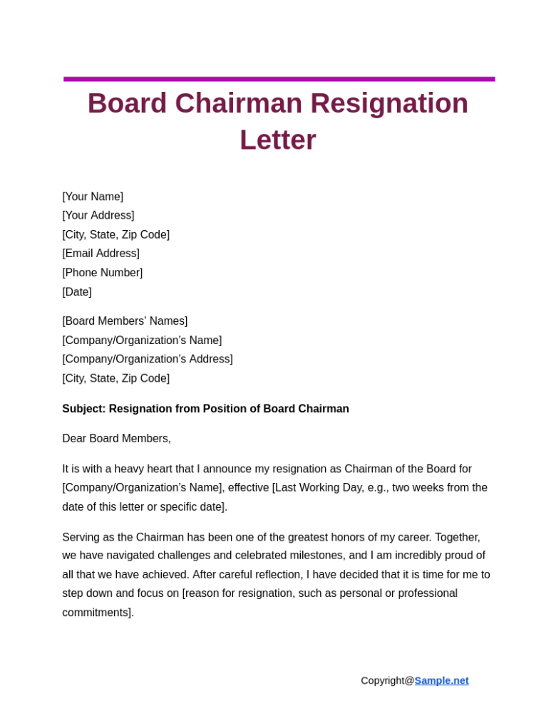 Sample Board Member Resignation Letter Template Example