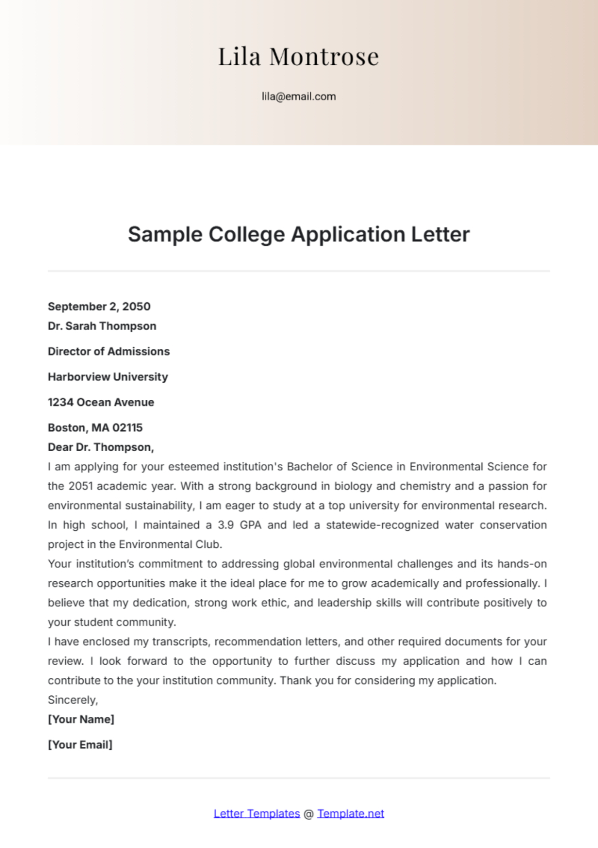 Sample College Student Cover Letter Template Word