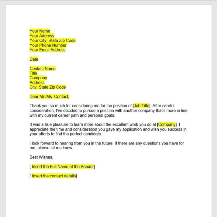 Sample Decline Job Offer Letter Template Doc