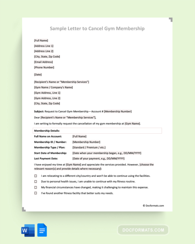 Blank Gym Membership Cancellation Letter Template Doc
