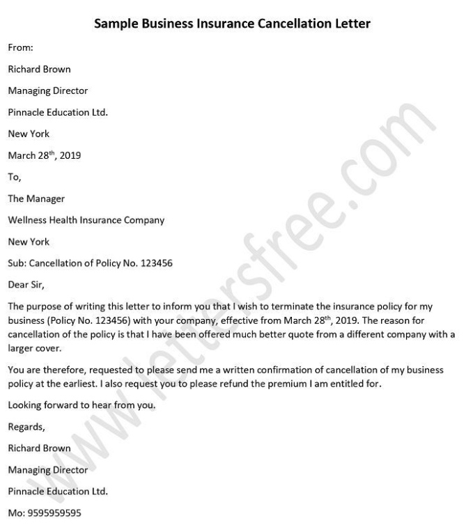 Editable Insurance Policy Cancellation Letter Template Word