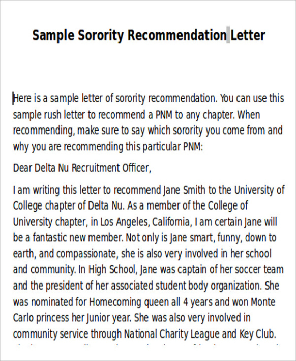 Editable Sorority Letter Of Recommendation Template Pdf