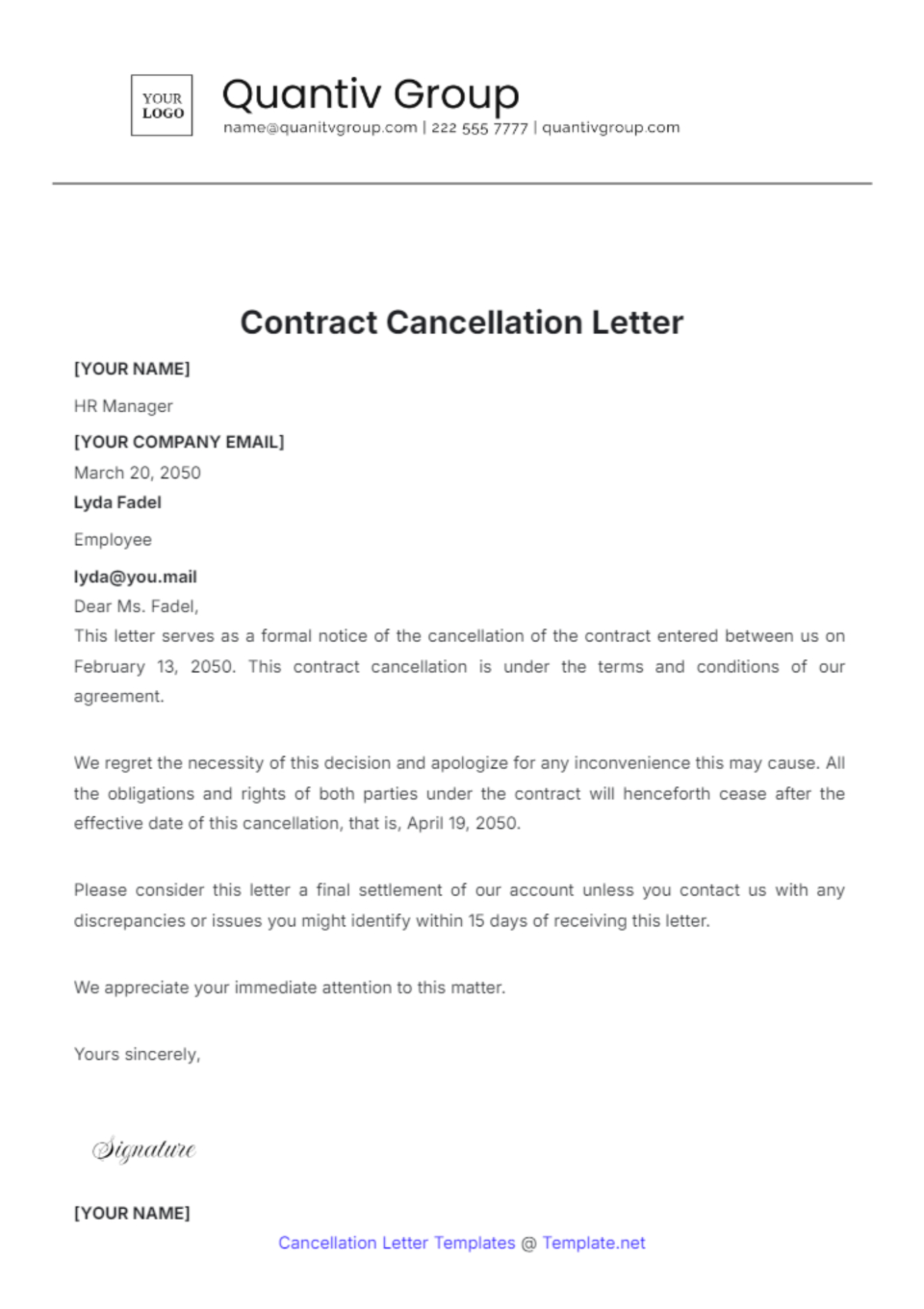 Free Blank Termination Of Services Letter Template Sample