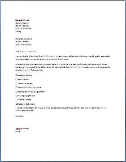 Free Editable Behavior Letter To Parents Template Excel