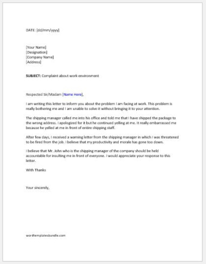 Free Printable Hostile Work Environment Letter Template Example