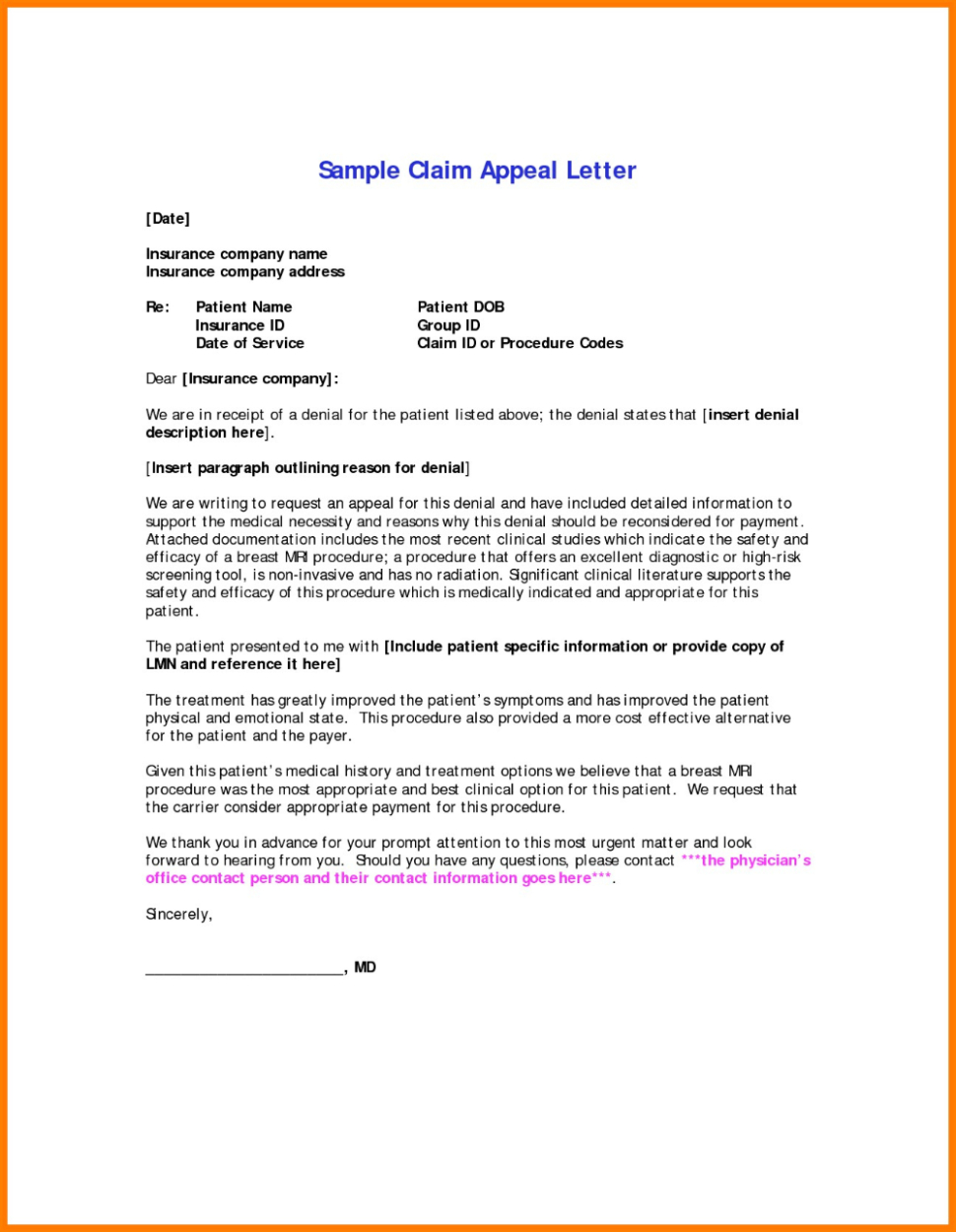 Free Sample Insurance Denial Appeal Letter Template Pdf