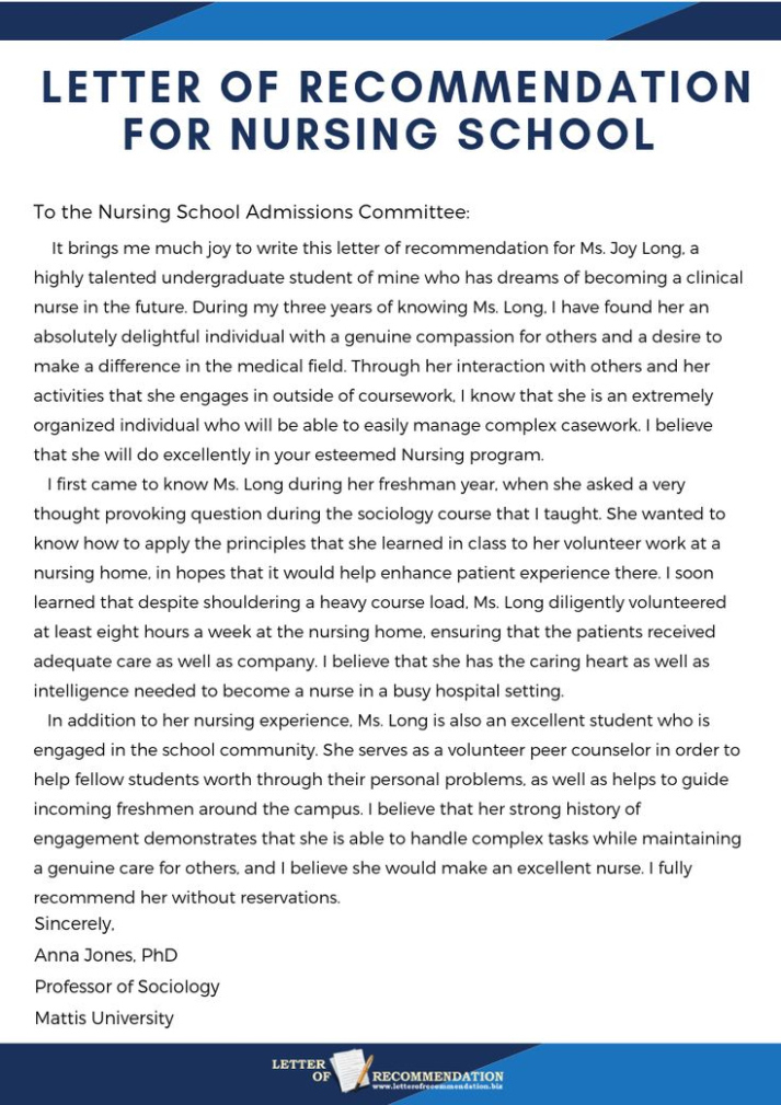 Free Sample Nursing School Letter Of Recommendation Template Word