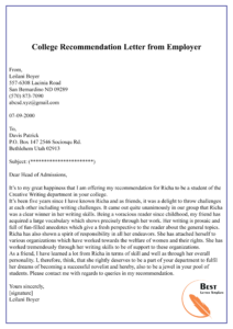 Printable Highschool To College Recomendation Letter Template Word