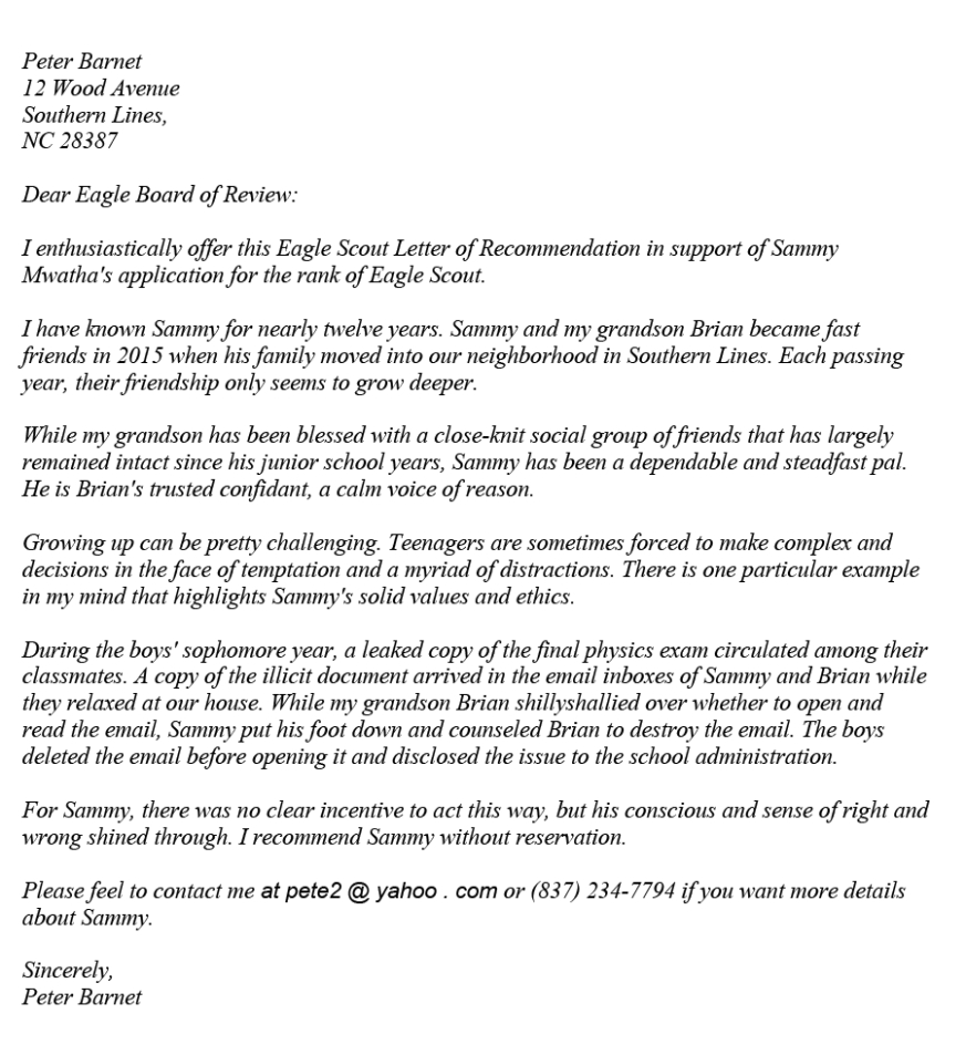 Sample Eagle Scout Recommendation Letter Template Excel