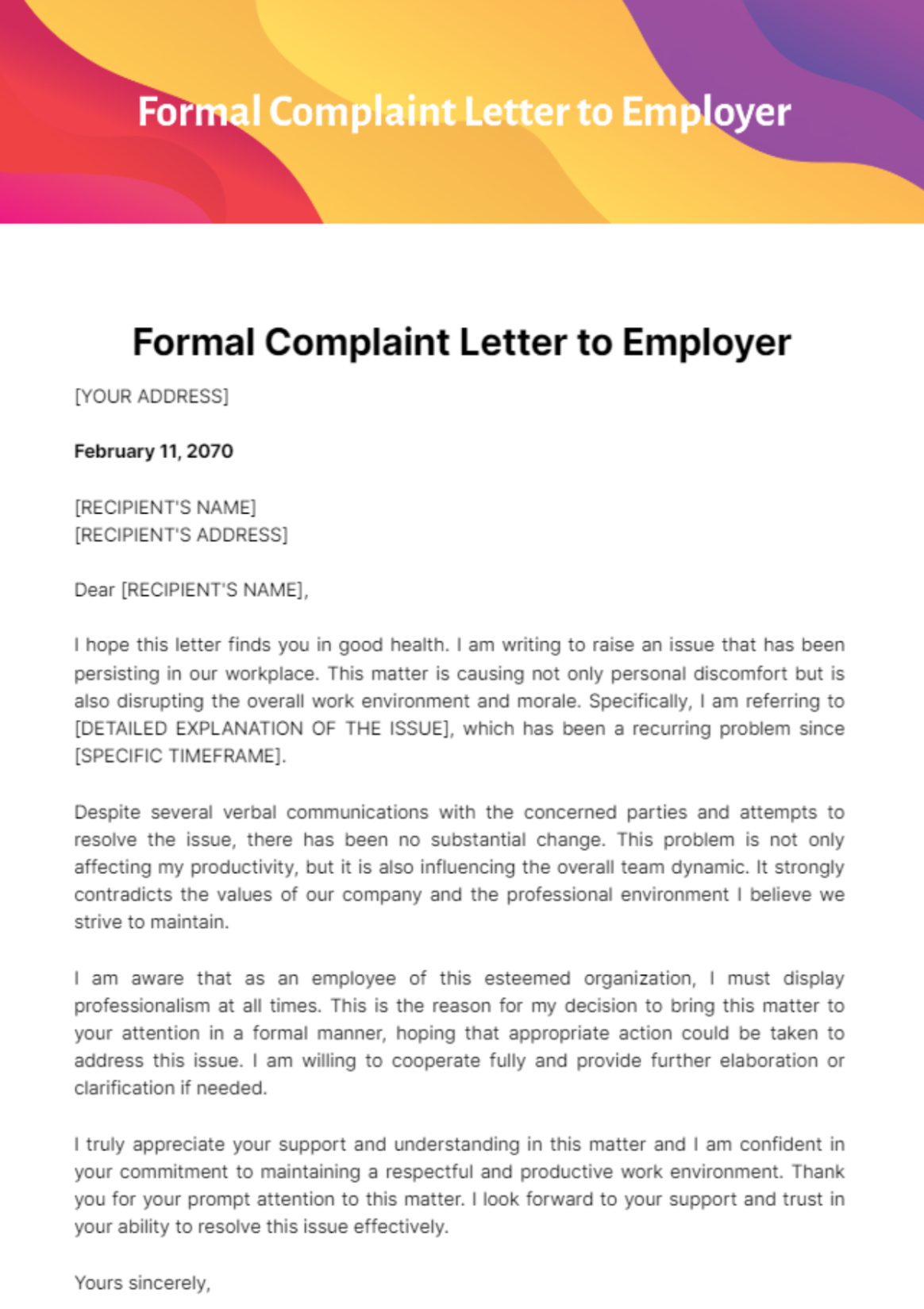Sample Grievance Letter To Employer Template Example