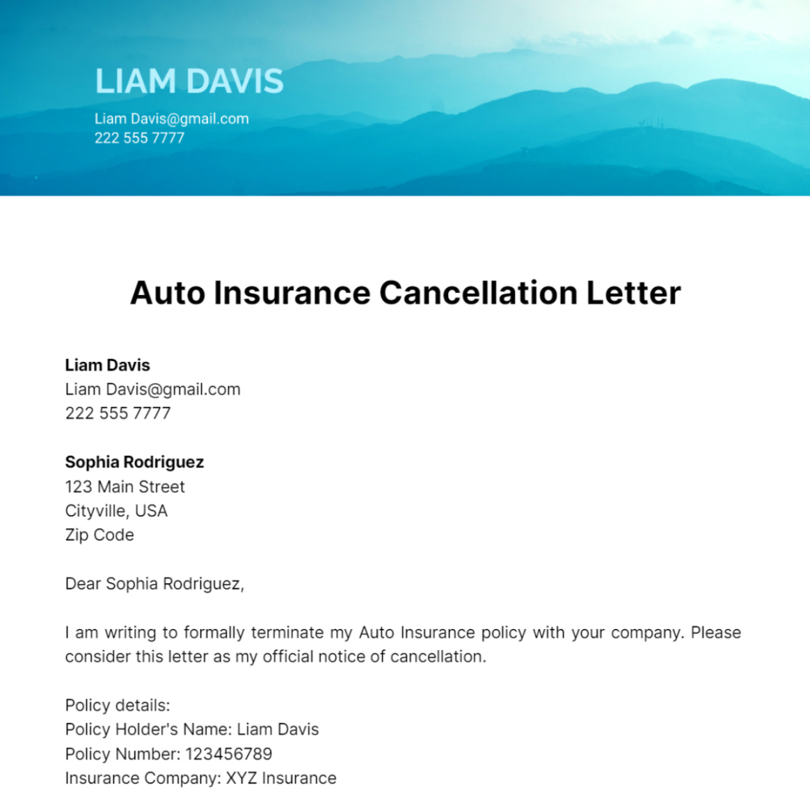 Sample Insurance Policy Cancellation Letter Template Excel