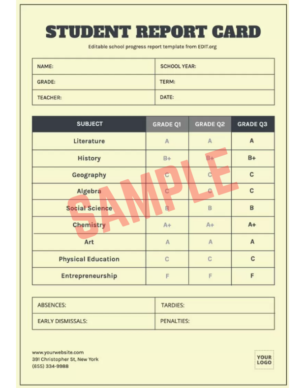 Middle School Progress Report Template
