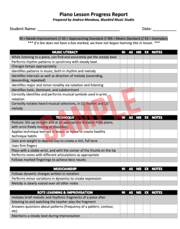 Music Student Progress Report Template
