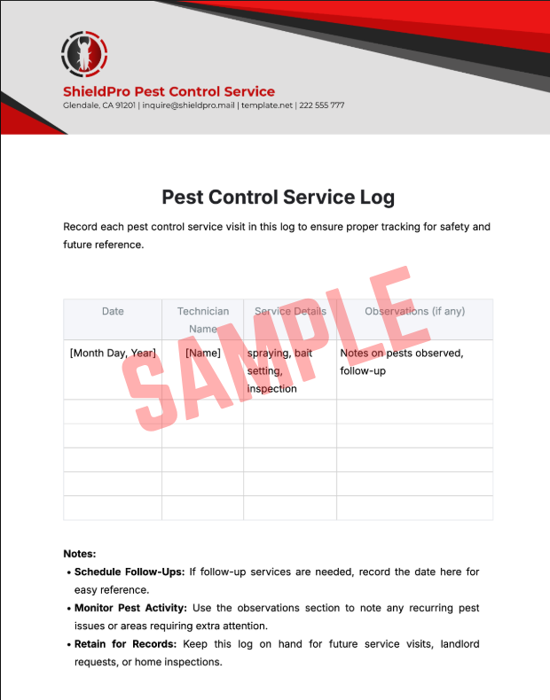 Pest Control Treatment Report Template