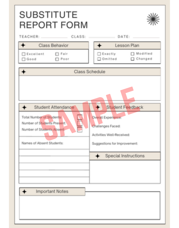 Substitute Teacher Daily Report Template