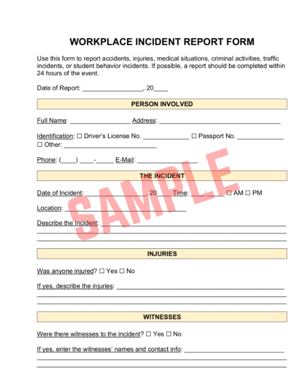 Work Injury Incident Report Template