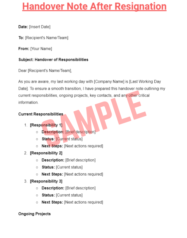 Handover Report After Resignation Template