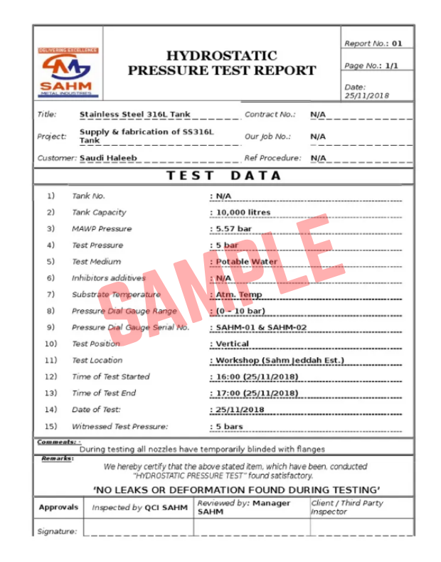 Hydrostatic Pressure Test Report Template