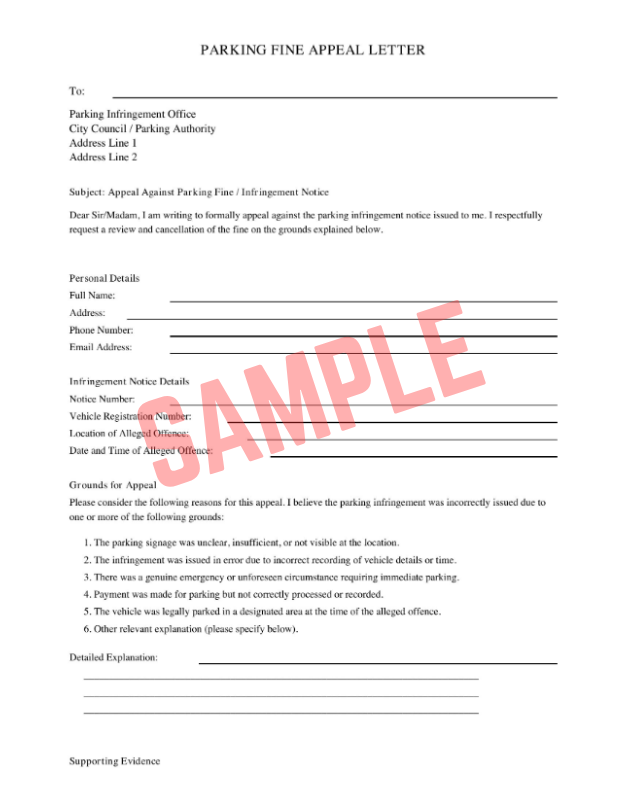 Private Parking Ticket Appeal Letter Template