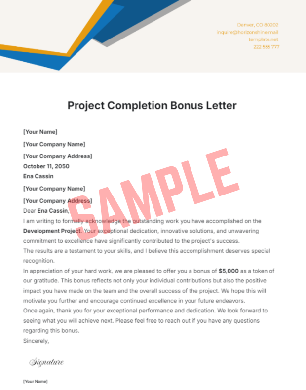 Project Completion Bonus Letter Template