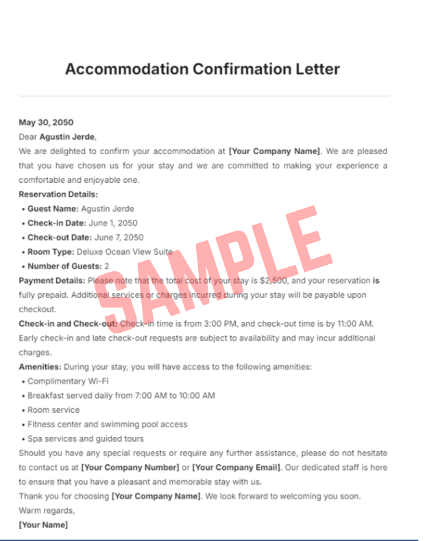 Proof Of Accommodation Letter Template