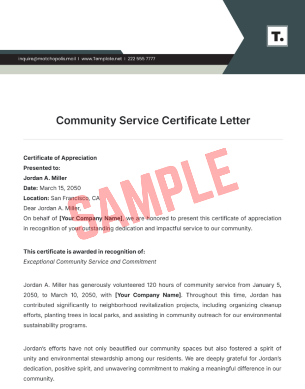 Proof Of Community Service Letter Template