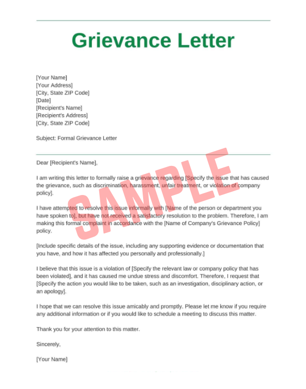 Raising A Grievance At Work Letter Template
