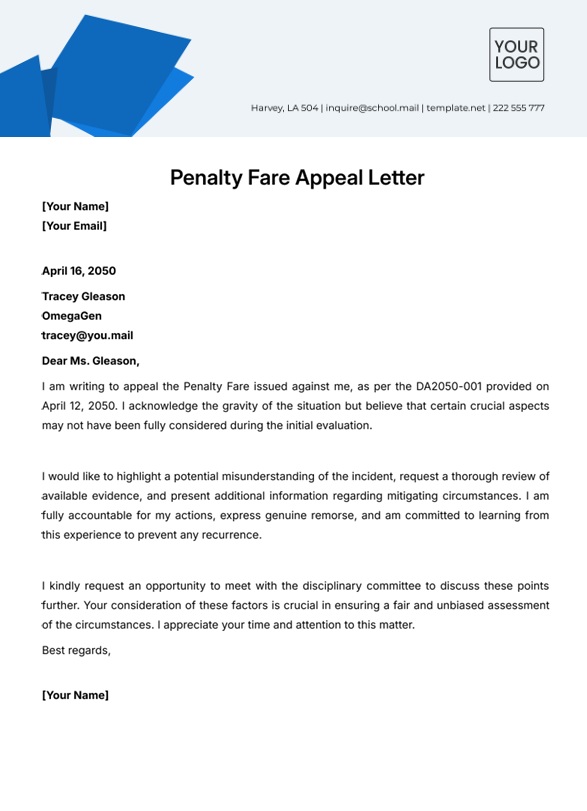 Penalty Fare Appeal Letter Template free