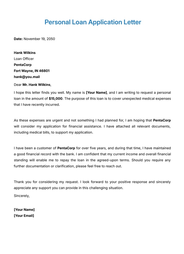Personal Loan Application Letter Template Editable