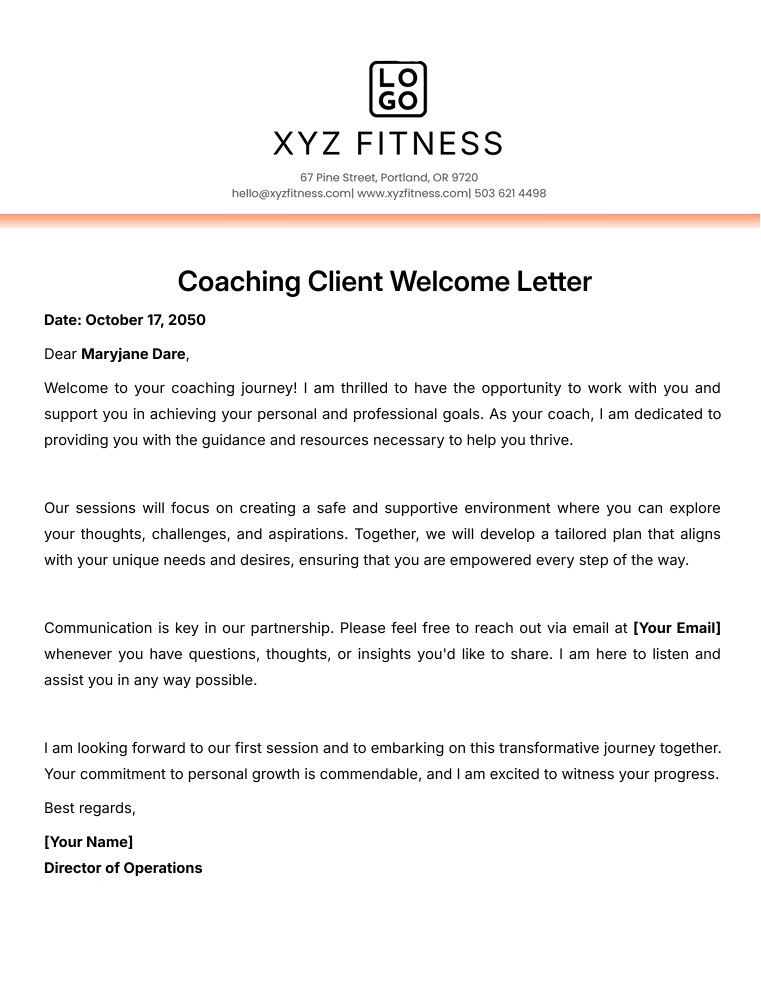 Personal Training Welcome Letter Template