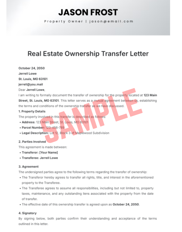 Real Estate Transfer Of Ownership Letter Template
