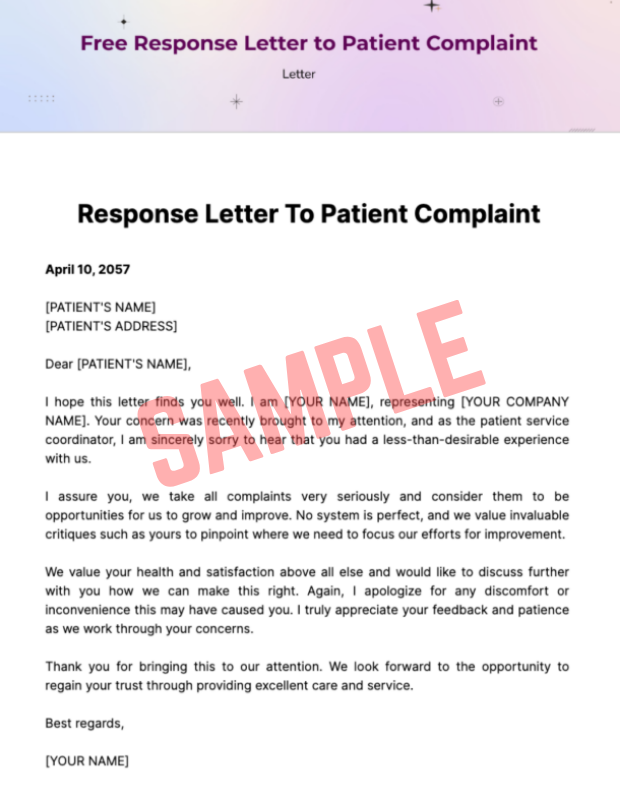 Reply To Patient Complaint Letter Template